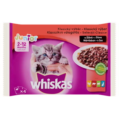 Whiskas Junior nedves állateledel macskák számára húsos válogatás mártásban alutasak 4 x 100 g