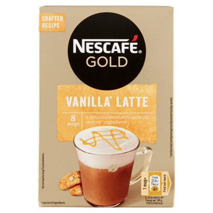 Nescafé Gold Vanilla Latte vanília ízű azonnal oldódó kávéspecialitás 8 x 18,5 g (148 g)
