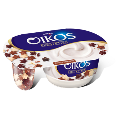 Danone Oikos Édes Kettes édesített joghurt vaníliaízű, csokoládéval bevont gabonacsillagokkal 106 g