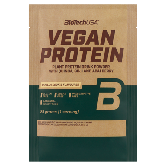 BioTechUSA Vegan Protein cukormentes vaníliás sütemény ízű fehérje italpor édesítőszerekkel 25 g