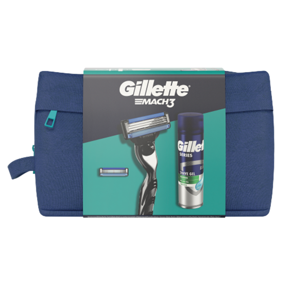 Gillette Ajándékcsomag: Mach3 Borotva + 1 Borotvabetét + Series Borotvazselé 200 ml + Neszesszer