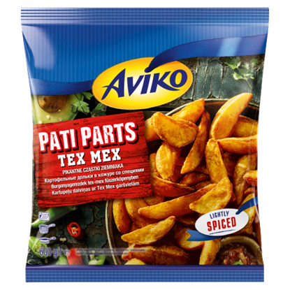 Aviko Pati Parts Tex Mex elősütött, gyorsfagyasztott burgonyagerezdek tex-mex fűszerköpenyben 600 g