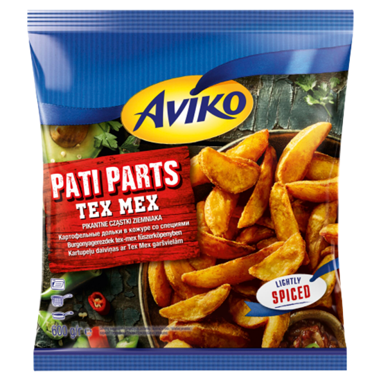 Aviko Pati Parts Tex Mex elősütött, gyorsfagyasztott burgonyagerezdek tex-mex fűszerköpenyben 600 g