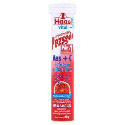 Haas Vital Vas+C+folsav+B6+B12 vérnarancsízű pezsgőtabletta cukorral és édesítőszerekkel 20 db 80 g