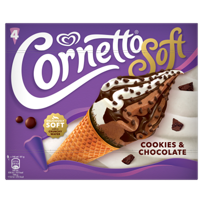 Cornetto Soft tejcsokoládés és keksz ízű jégkrém kakaós bevonatú ostyatölcsérben 4 x 140 ml (560 ml)