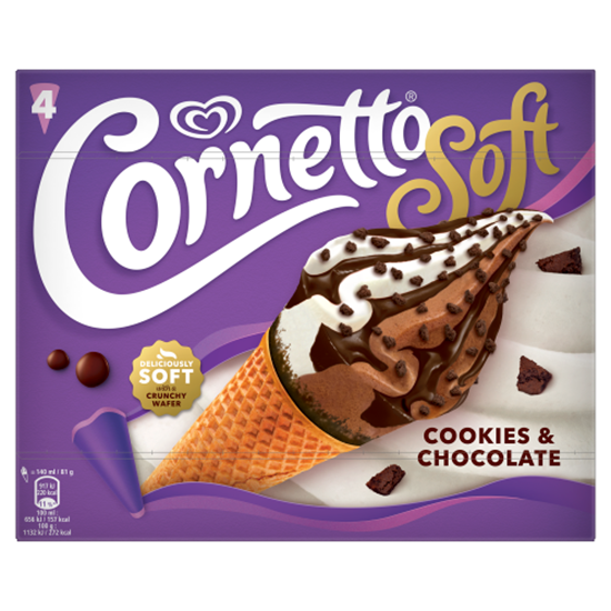 Cornetto Soft tejcsokoládés és keksz ízű jégkrém kakaós bevonatú ostyatölcsérben 4 x 140 ml (560 ml)