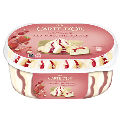 Carte D'Or sajttorta ízű jégkrém és keksz ízű jégkrém epres szósszal és kekszdarabkákkal 825 ml