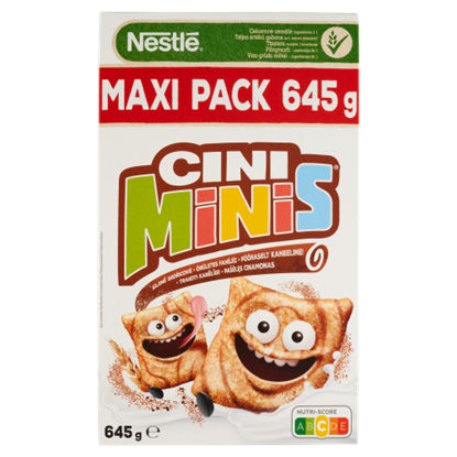Nestlé Cini Minis ropogós fahéjas gabonapehely teljes kiőrlésű búzával, vitaminokkal és vassal 645 g